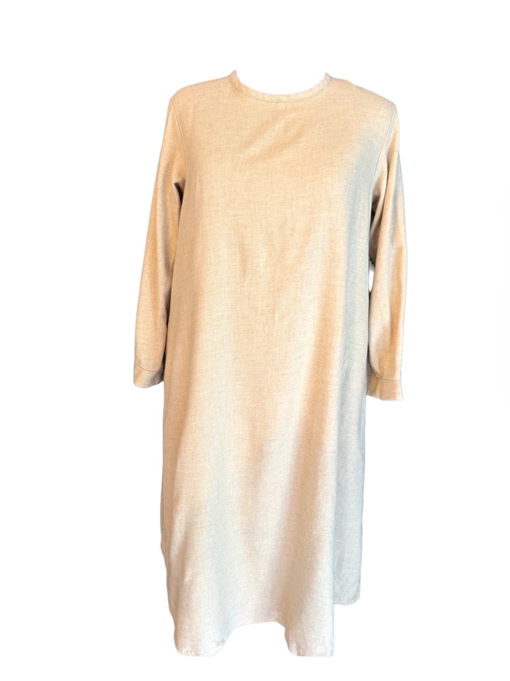 MUJI Women's S Beige Solid Knit Cotton Crew Neck 3/4 Sleeve Shift Midi Dress